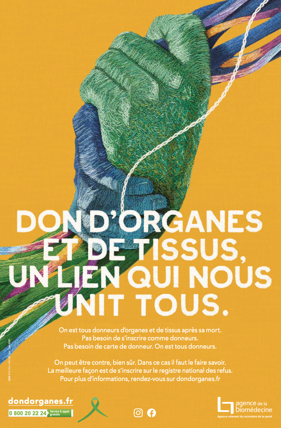 Affiche mains brodées – Don d’organes et de tissus, un lien qui nous unit tous. 