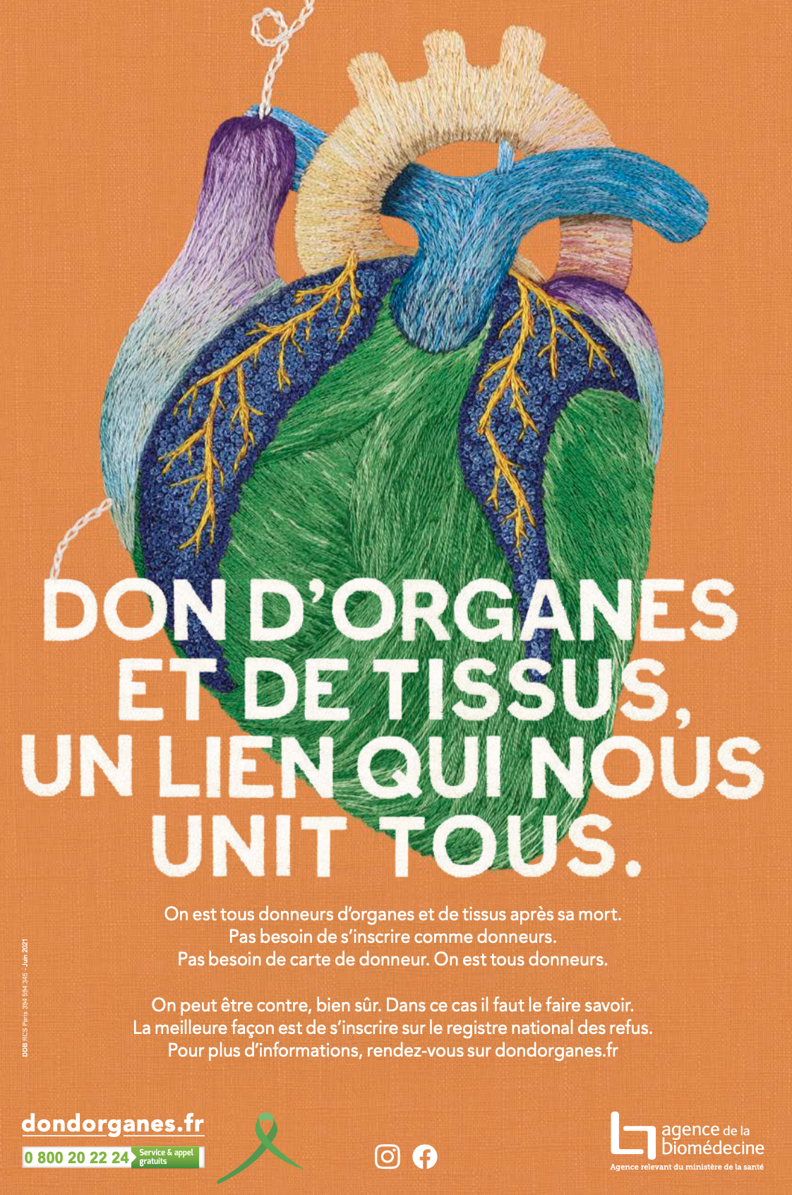 Affiche cœur brodé  – Don d’organes et de tissus, un lien qui nous unit tous