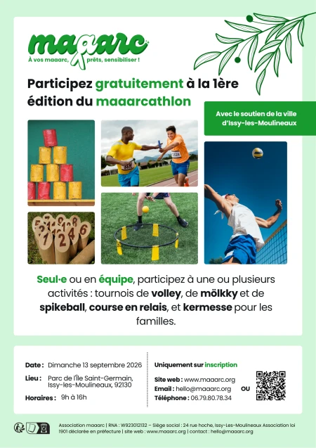 Affiche maaarc : participez gratuitement à la 1ère édition du maaarcathlon, dimanche 13 septembre 2026, Parc de l'Île Saint-Germain à Issy-les-Moulineaux, de 9h à 16h. 